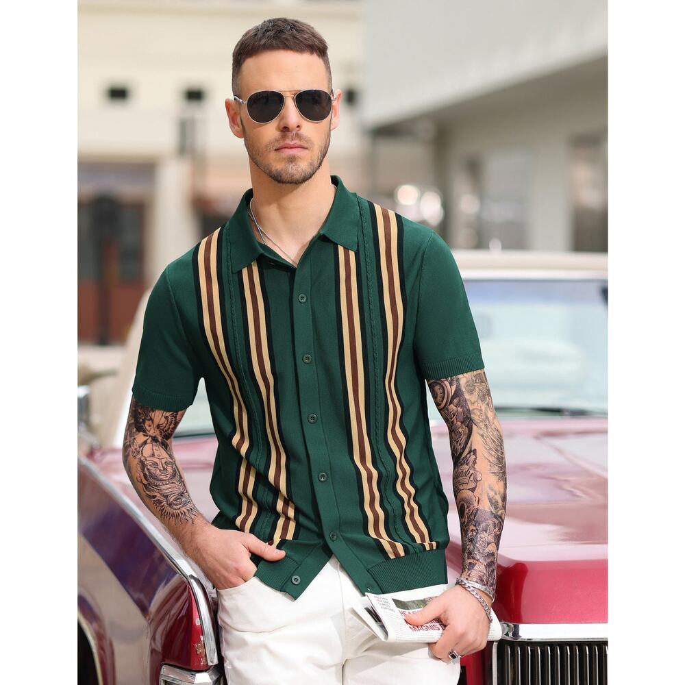 Paul Jones Mens Polo Shirts Vintage Striped Button Down Knitted Gold Size M